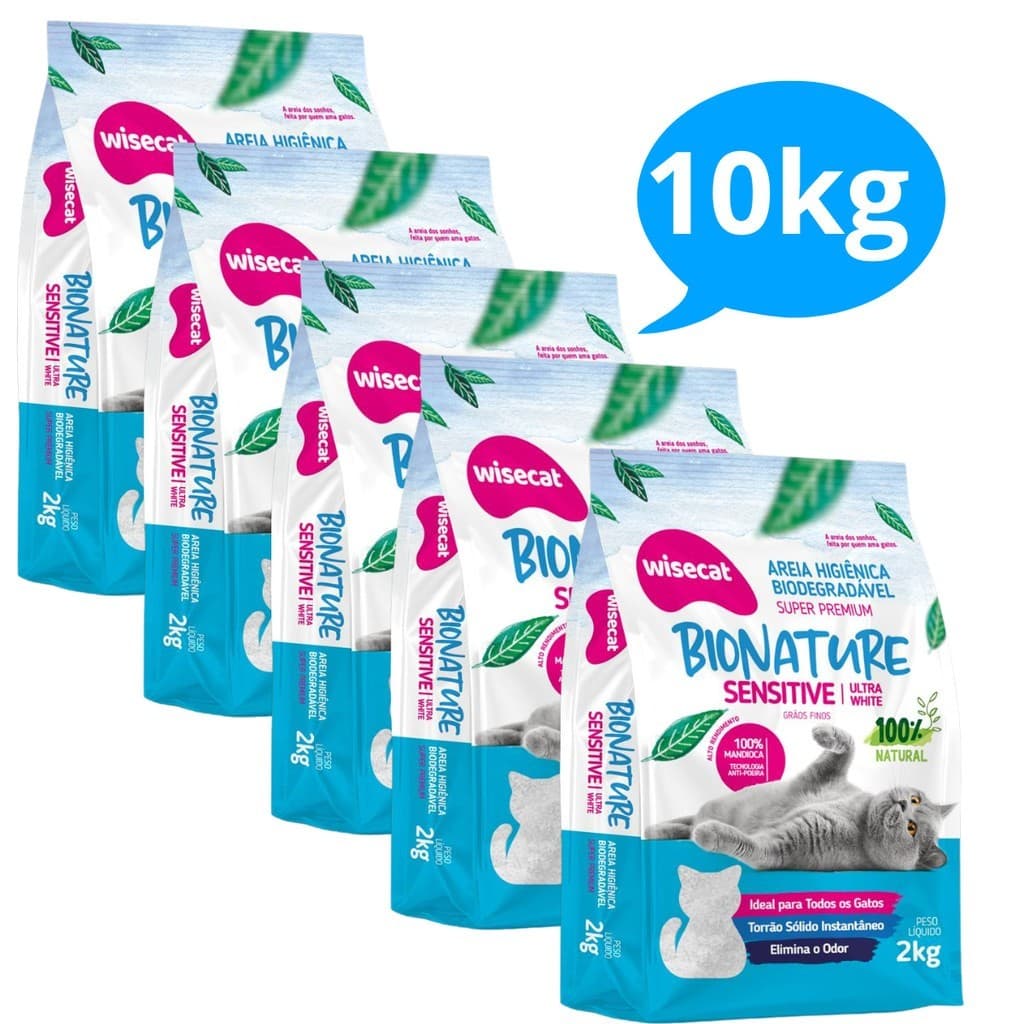 Areia De Mandioca Para Gatos Wisecat Bionature Sensitive Grãos Finos 2kg - Kit 5 Unidades