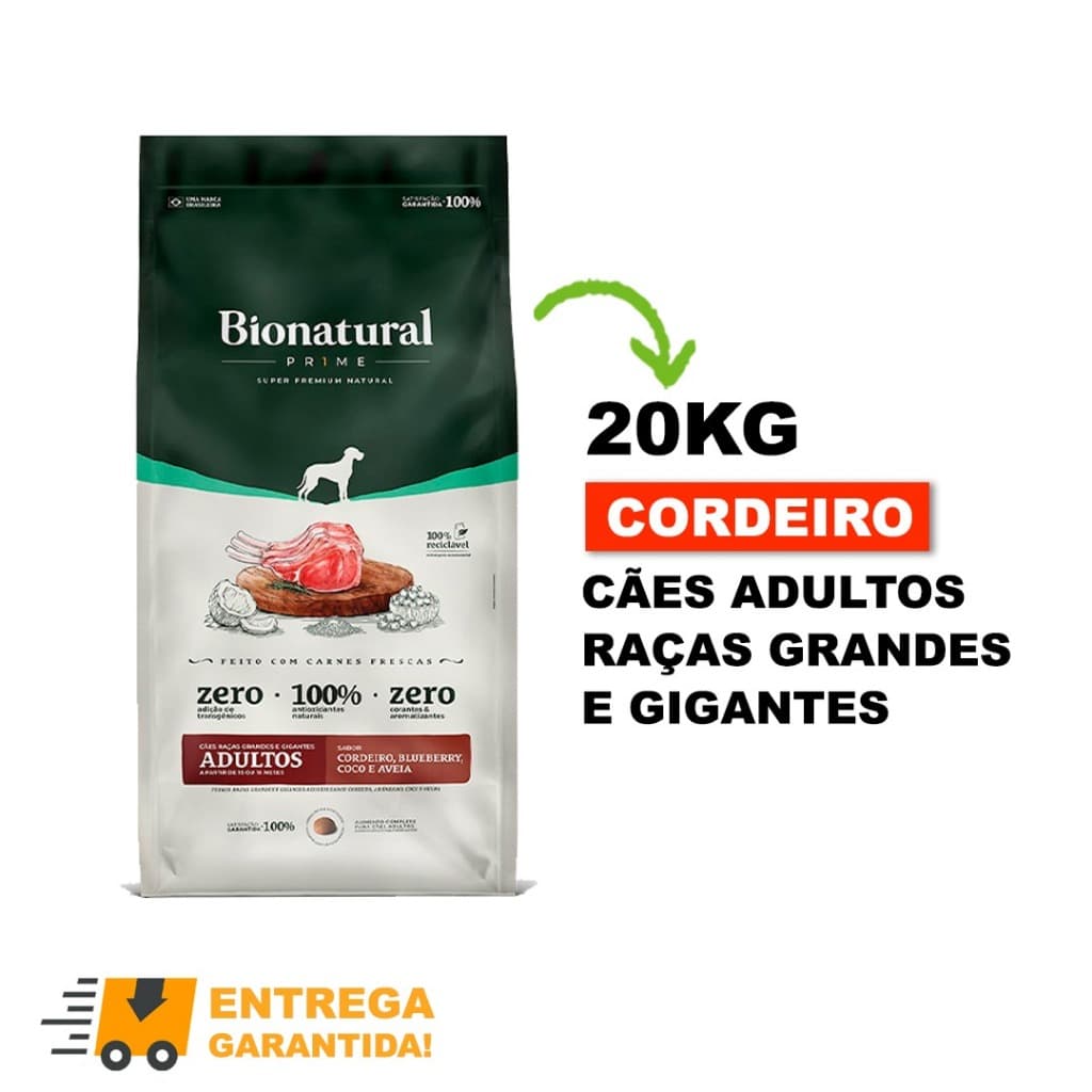 Ração Bionatural Prime para Cães Adultos de Raças Grandes e Gigantes Sabor Cordeiro 20KG