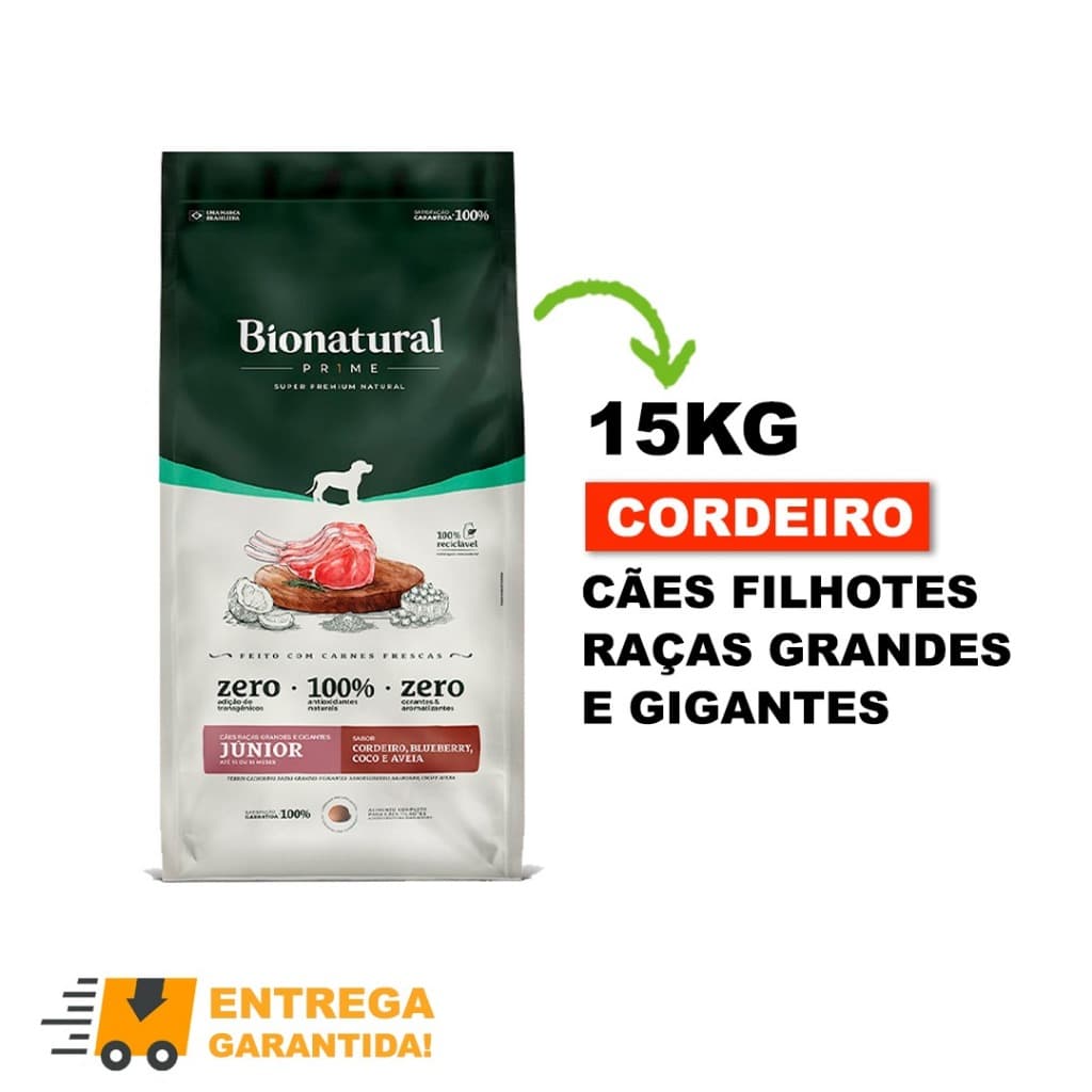 Ração Bionatural Prime Cães Filhotes Raças Grandes e Gigantes Cordeiro 15kg