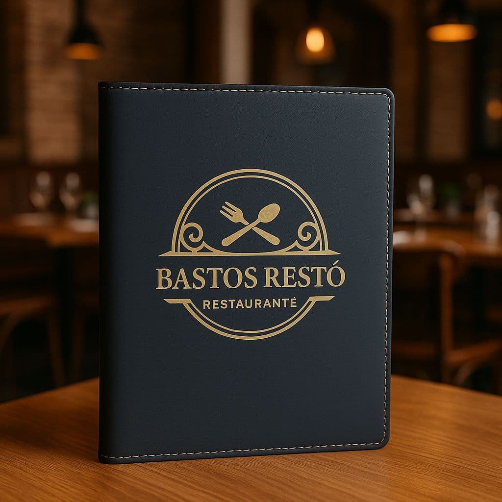 5 porta cardapio para folha A4 em courino com sua logo gravada a laser do seu restaurante