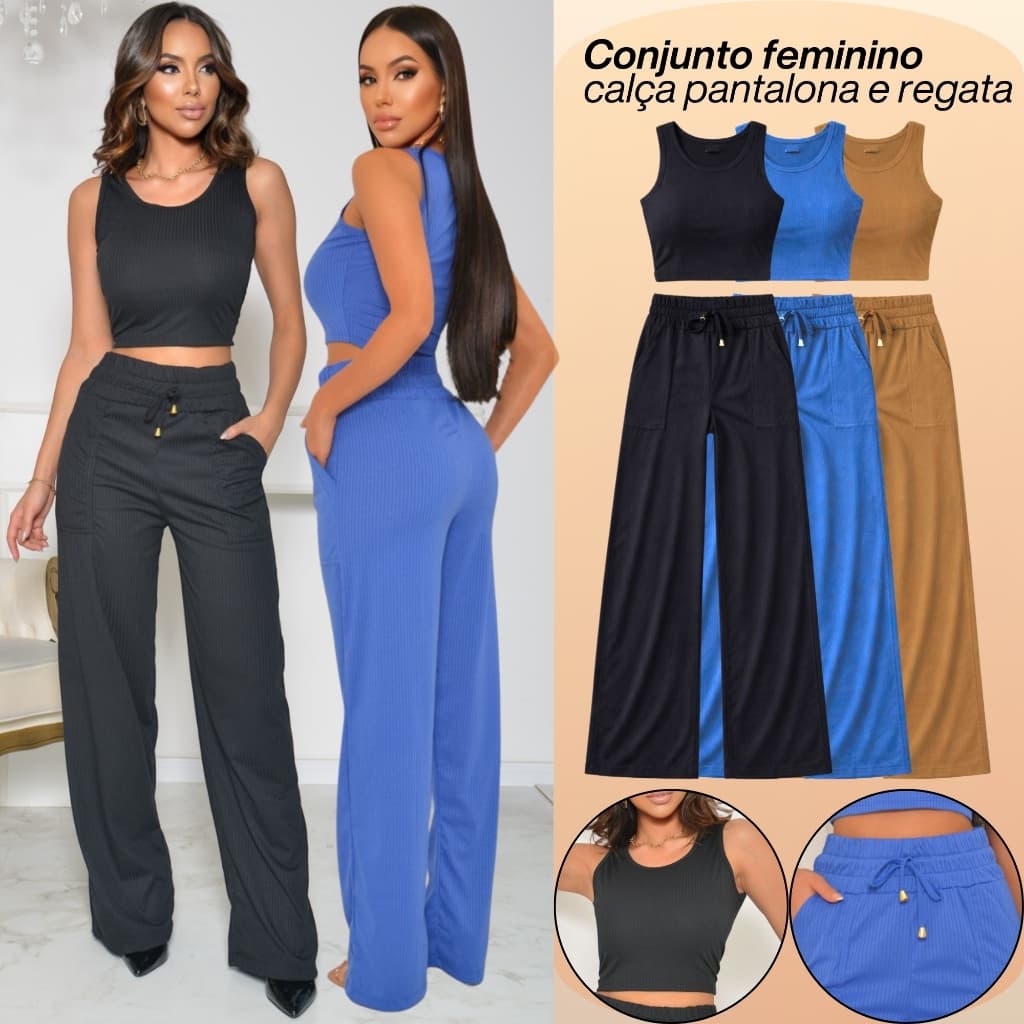 Conjunto Feminino Calça e Blusa Pantalona Regata Canelada Cintura Alta Moda Verão