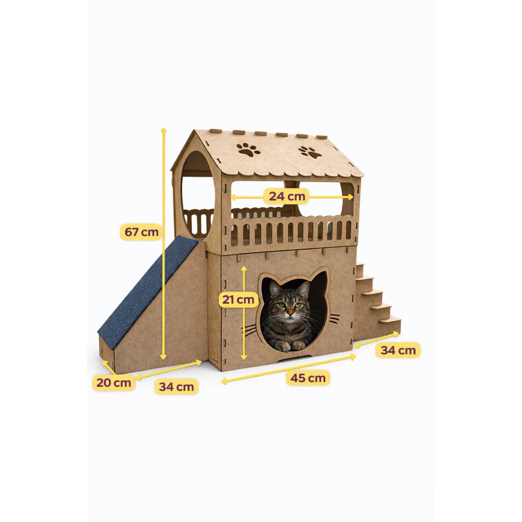 Casinha para Gato 2 Andares MDF CRÚ Com Rampa Arranhador e Varanda