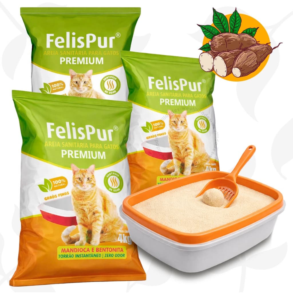Areia Gato Biodegradável 12kg Mandioca Higiênica Grãos Ultra Finos Natural Rendimento Baixo Odor