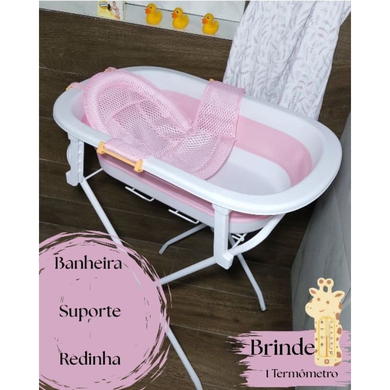Banheira para Bebê Retrátil + Suporte Dobrável e Redinha 33L Leve Compacta Termômetro de BRINDE ROSA