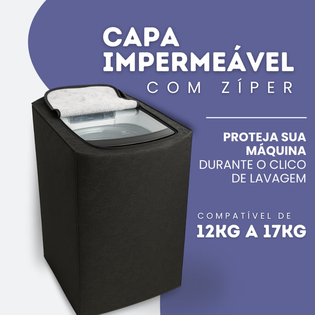 Capa para Maquina de Lavar 12kg 13kg 14kg 15kg 16kg 17 kg Preta e Cinza Ziper Brastemp Electrolux