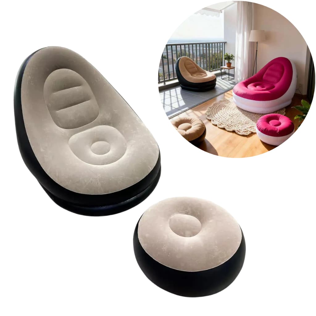 Poltrona Inflável com Puff Portatil Preto Marrom Branco Vermelho – Conforto Premium, Moderna - CHENX