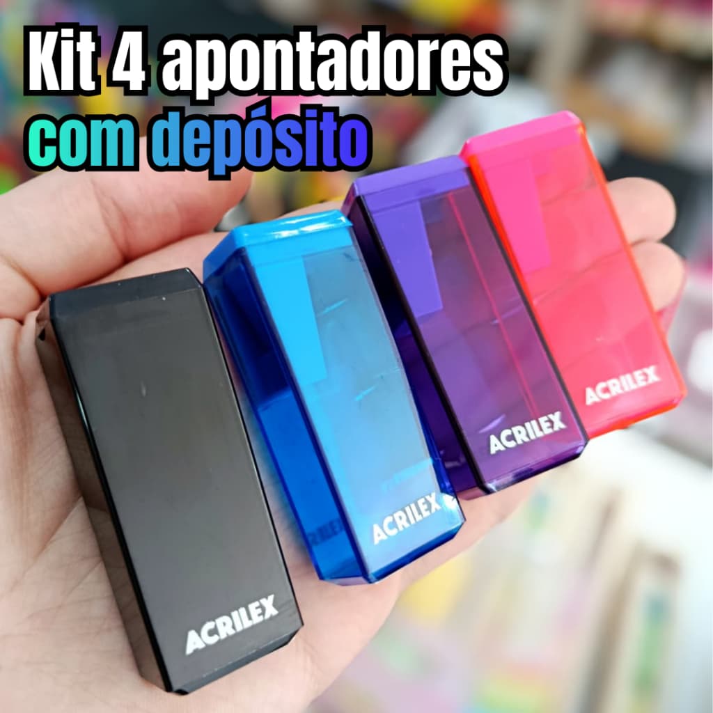 Apontador com Depósito Acrilex Retangular Preto Roxo Pink Azul Escuro Kit 4 ou Unidade