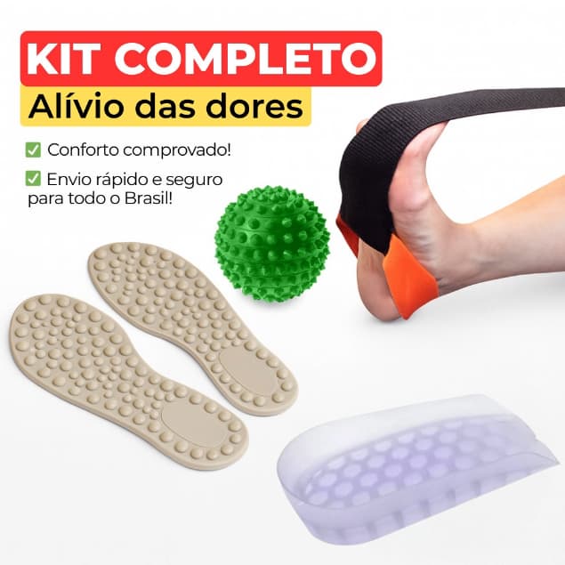 Kit Tratamento Fascite Plantar Esporão Palmilha Ortopédica + Calcanheira + Bola + Faixa Alongamento
