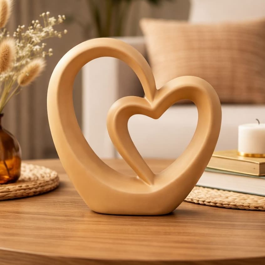 Escultura Coração Duplo em Cerâmica - Enfeite Moderno Para Sala, Estante ou Presente - Amor União