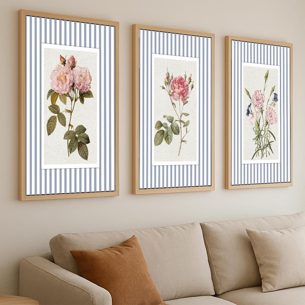 Kit 3 Quadros Decorativos Listrados Decoração Quarto Sala 40x60 Flores Retrô Vintage Romatico