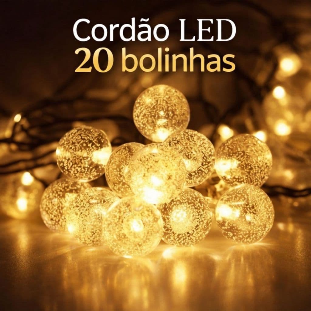 Cordão Varal LED 20 Bolinhas Cristal 3 Metros - Luz Amarela Quente Decoração