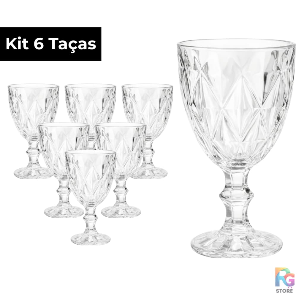 Kit Taças Diamante de Vidro Transparente Lapidado Bico de Jaca 330ml