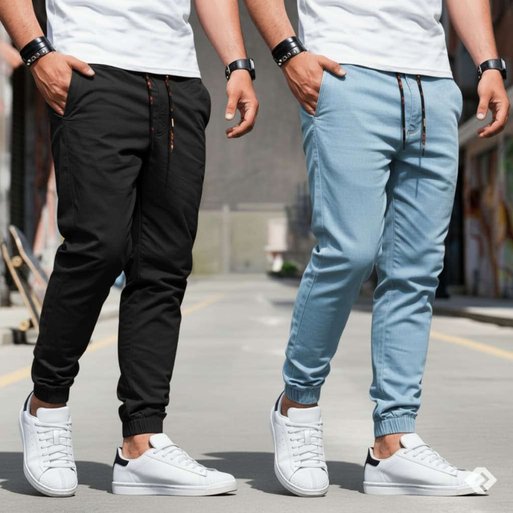 Kit 2 Calça Jogger Masculina Sarja ou Jeans 4 Bolsos com Punho Elástico Streetwear