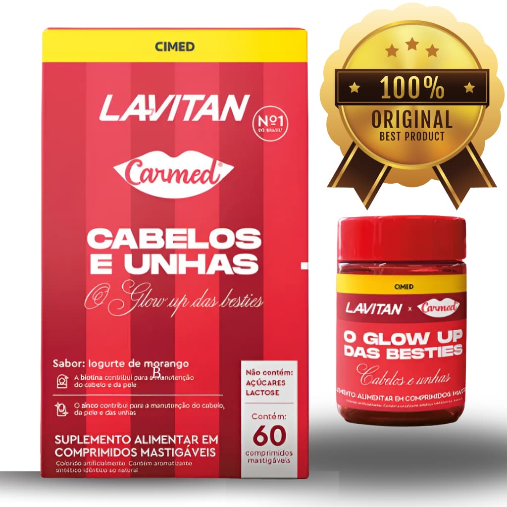LAVITAN CARMED CABELOS E UNHAS 60 COMPRIMIDOS MARTIGÁVEL SABOR IOGURTE DE MORANGO