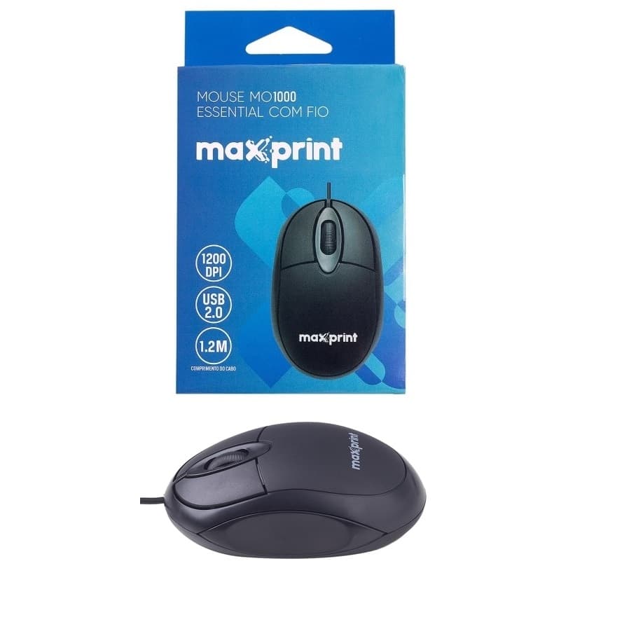 Mouse Óptico USB Maxprint Essential MO1000 Preto 1200 DPI com Scroll Alta Precisão para Computador, Notebook, Escritório