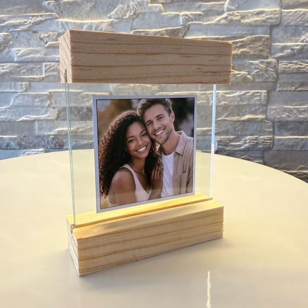 Porta Retrato Decoração Base Madeira Enfeite Personalizável Sala Estar Jantar Vidro