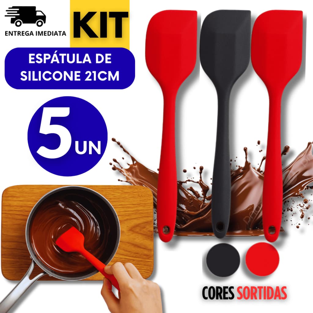 Conjunto 05 Espátula Reta 27cm de Silicone Casa Cozinha Buffet Restaurante Multiuso Utilidades Cores Sortidas