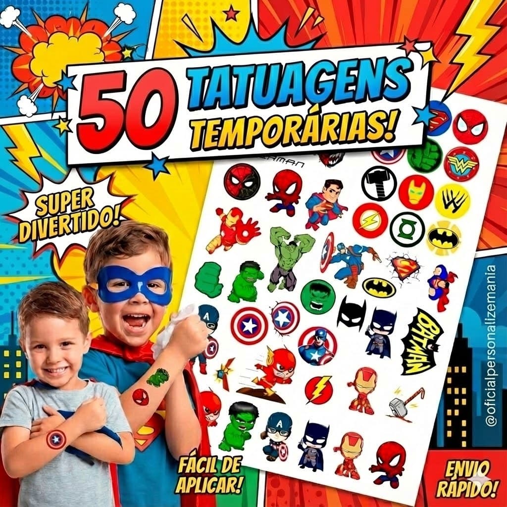 50 Tatuagens Infantil Temporária Heróis Premium 20x28cm