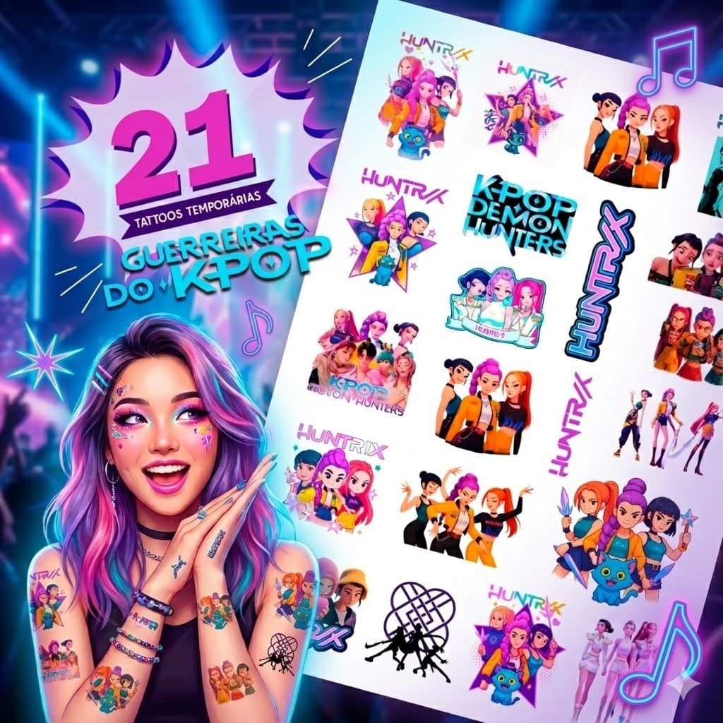 Tatuagem Temporaria Guerreiras do KPOP 20x28cm - Guerreiras do K-POP 21 unidades