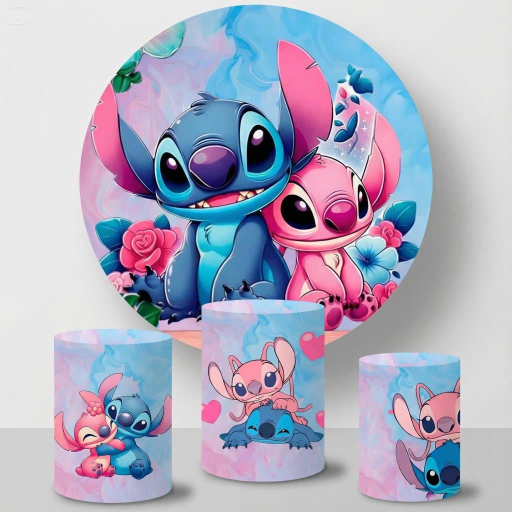 Kit Painel Redondo + Capa De Cilindro Decoração Stitch