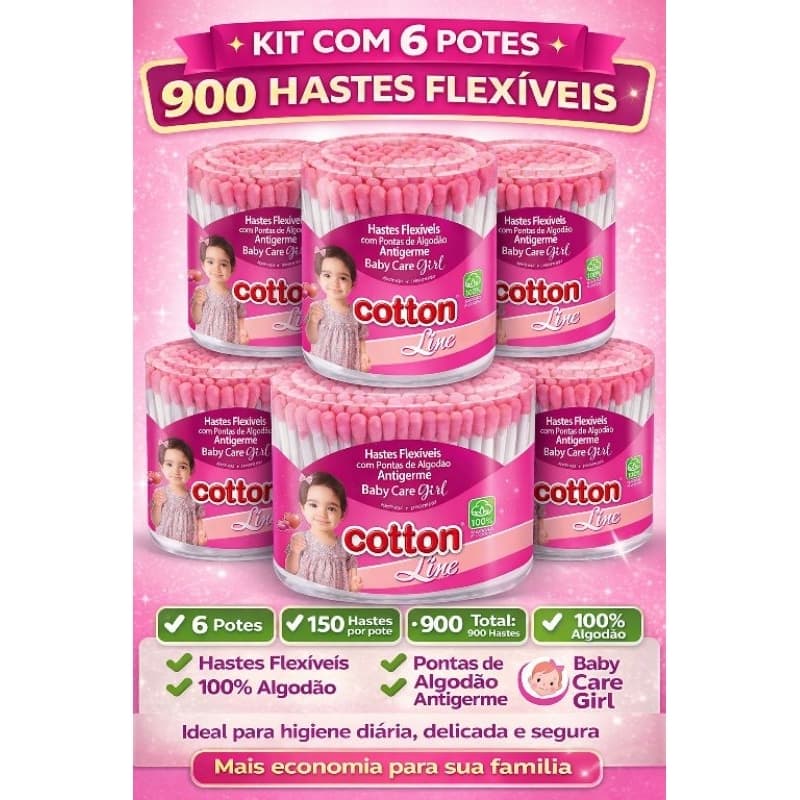 Kit 6 Potes Cotonetes Baby Care Girl 900 Hastes Flexíveis 100% Algodão Antigerme - Cotton Line