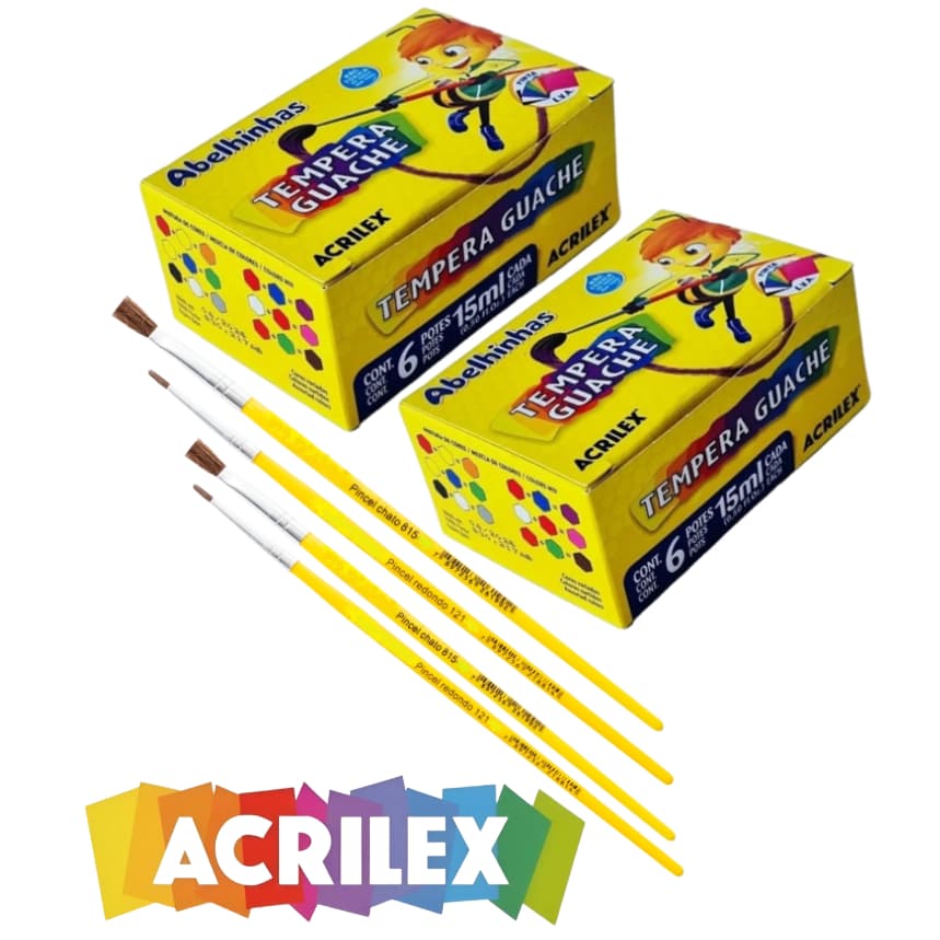 Tinta Guache Acrilex 1 Ou 2 Caixas 6 Cores + Pincel Para Pintar E Colorir Tinta Pintura Arte 6 ou 12 Cores