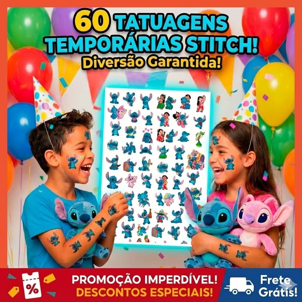 60 Tatuagens Temporaria Stitch Premium 20x28cm