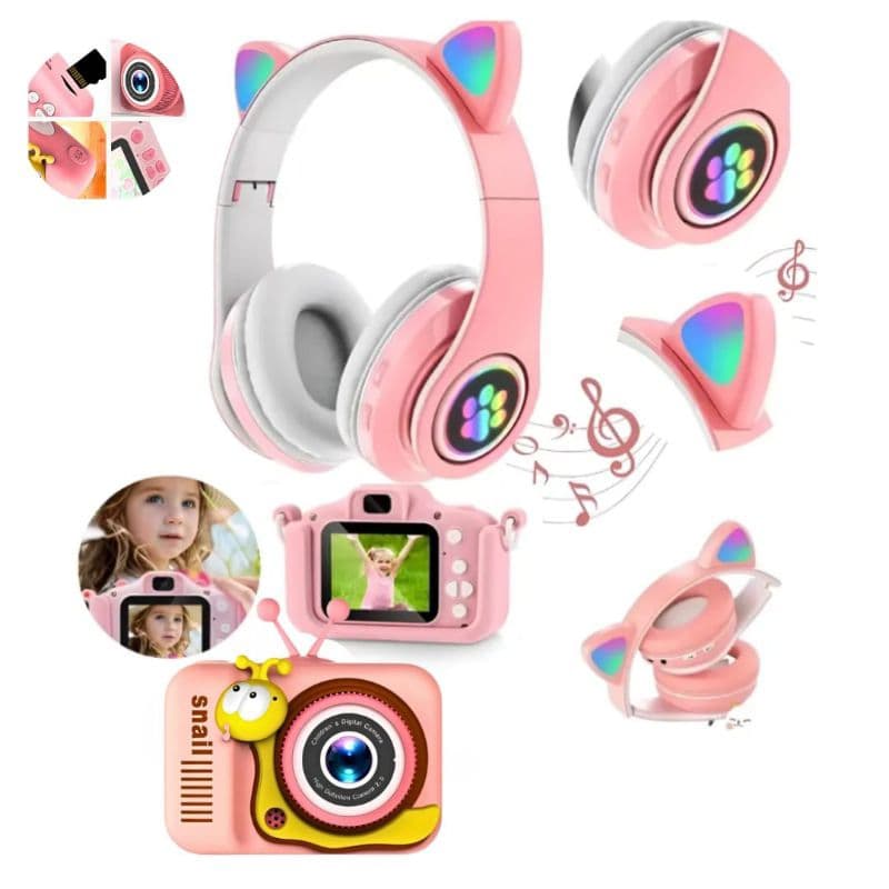 Kit Fone Gatinho + Câmera Digital Infantil - Rosa ou Azul