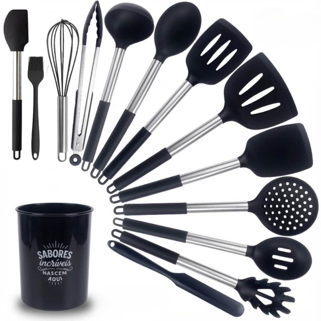 Kit Utensílios Cozinha De Silicone Conjunto Cabo Inox Alta Qualidade 24 Peças Preto