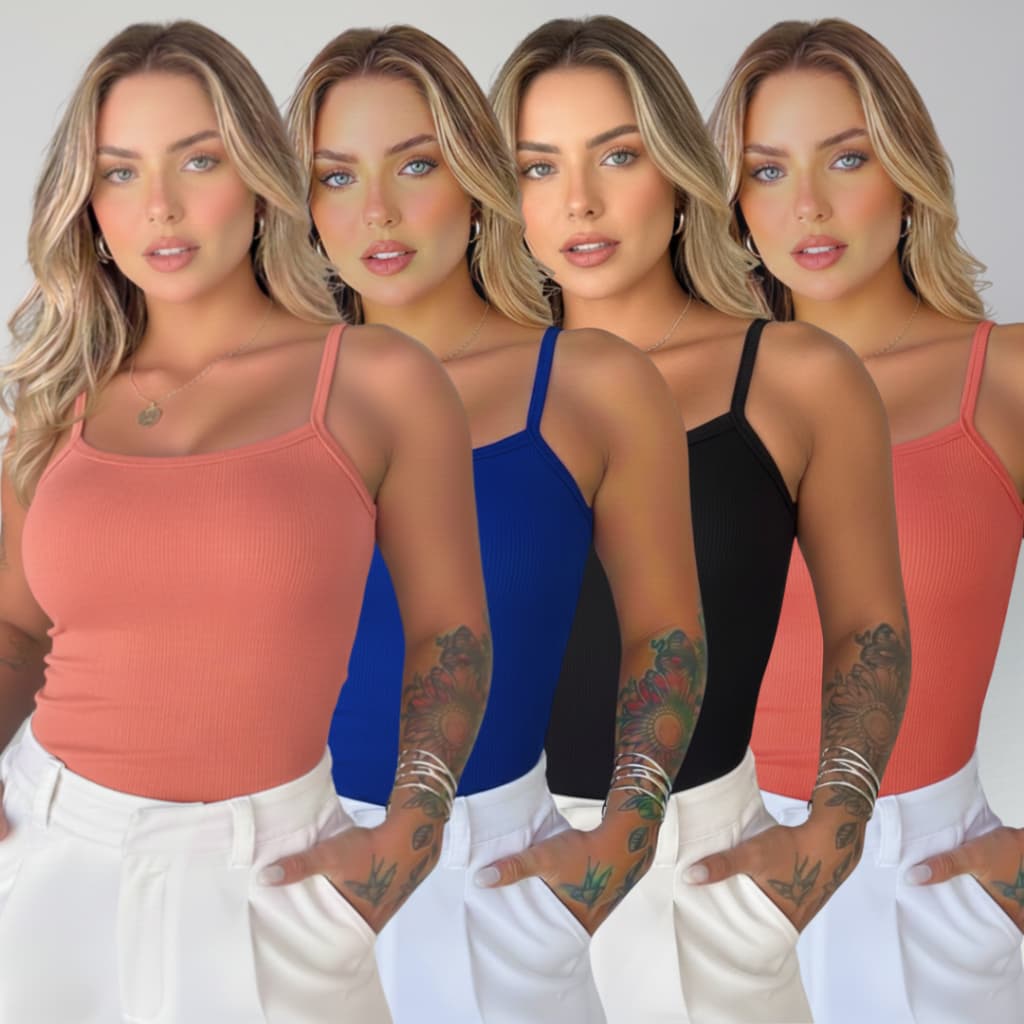 Kit 4 Regata Feminina Canelada Malha Premium Justinha Look Blogueira Top Canelado