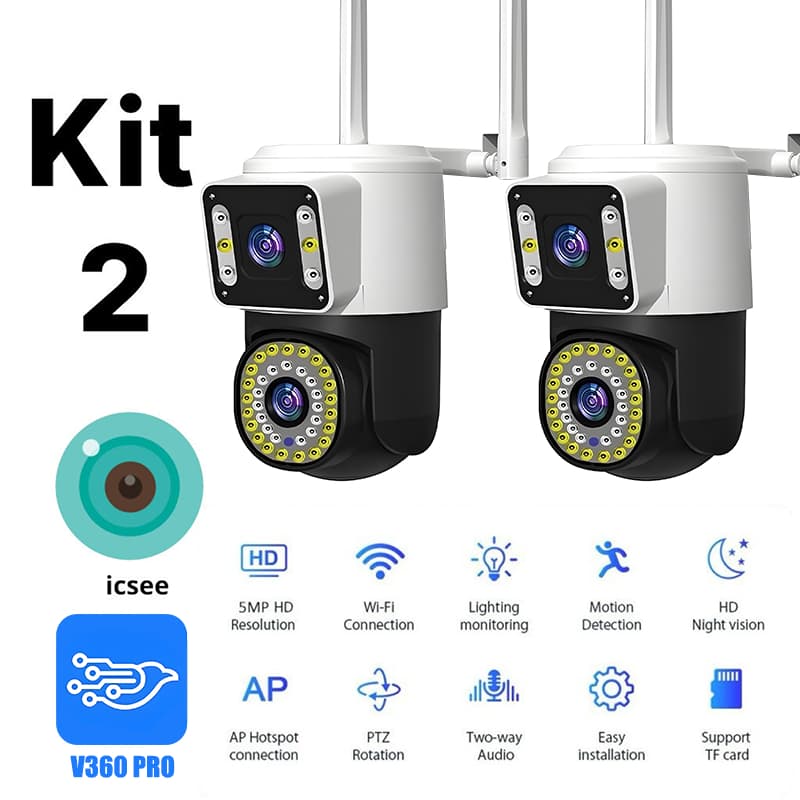 Câmera Segurança WiFI IP 2 Lentes Visão Noturna Microfone a Prova D'água gira 360 App V360 G1