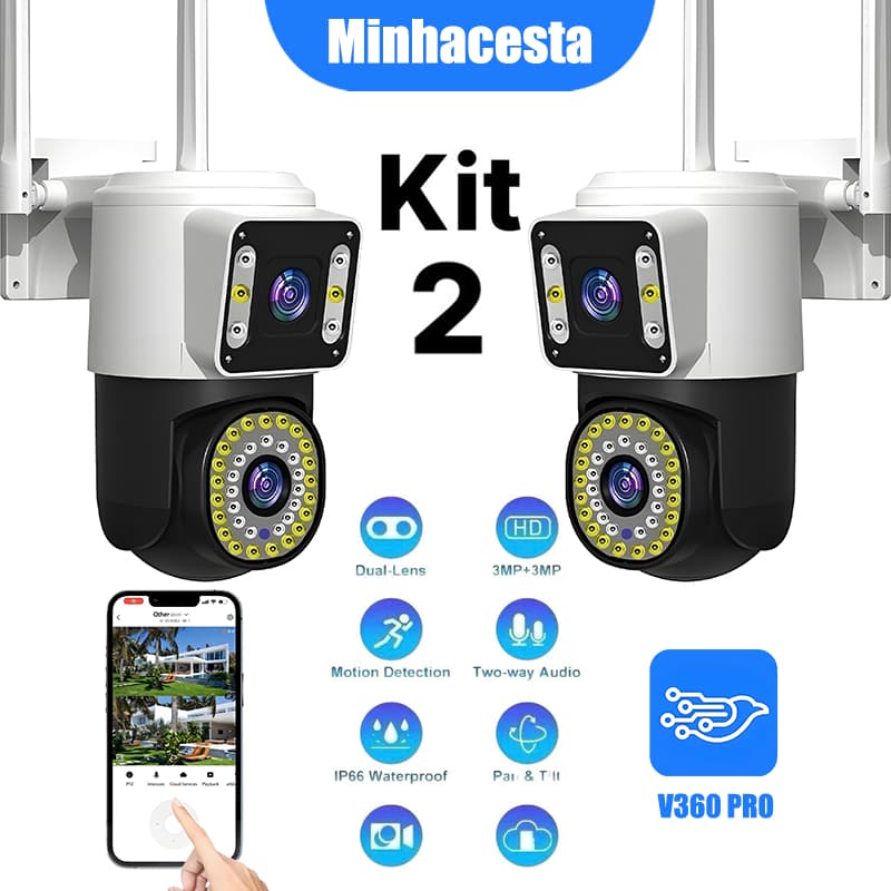 Câmera Segurança WiFI IP 2 Lentes 360° Visão Noturna Microfone a Prova D'água Sensor Movimento