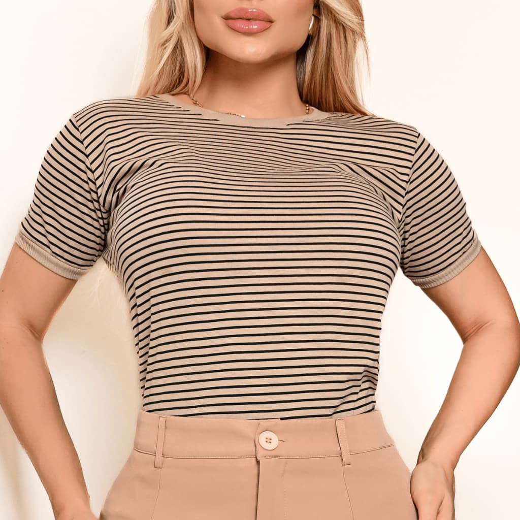 Blusa Camiseta Feminina Listrada Básica 100% Algodão Confortável T-shirt Premium Moda Verão Promoção
