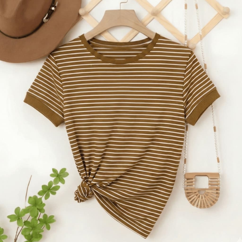 T-shirt Feminina Básica Casual Blusa Manga Curta Listrada P ao GG Camiseta Gola Reforçada Confort