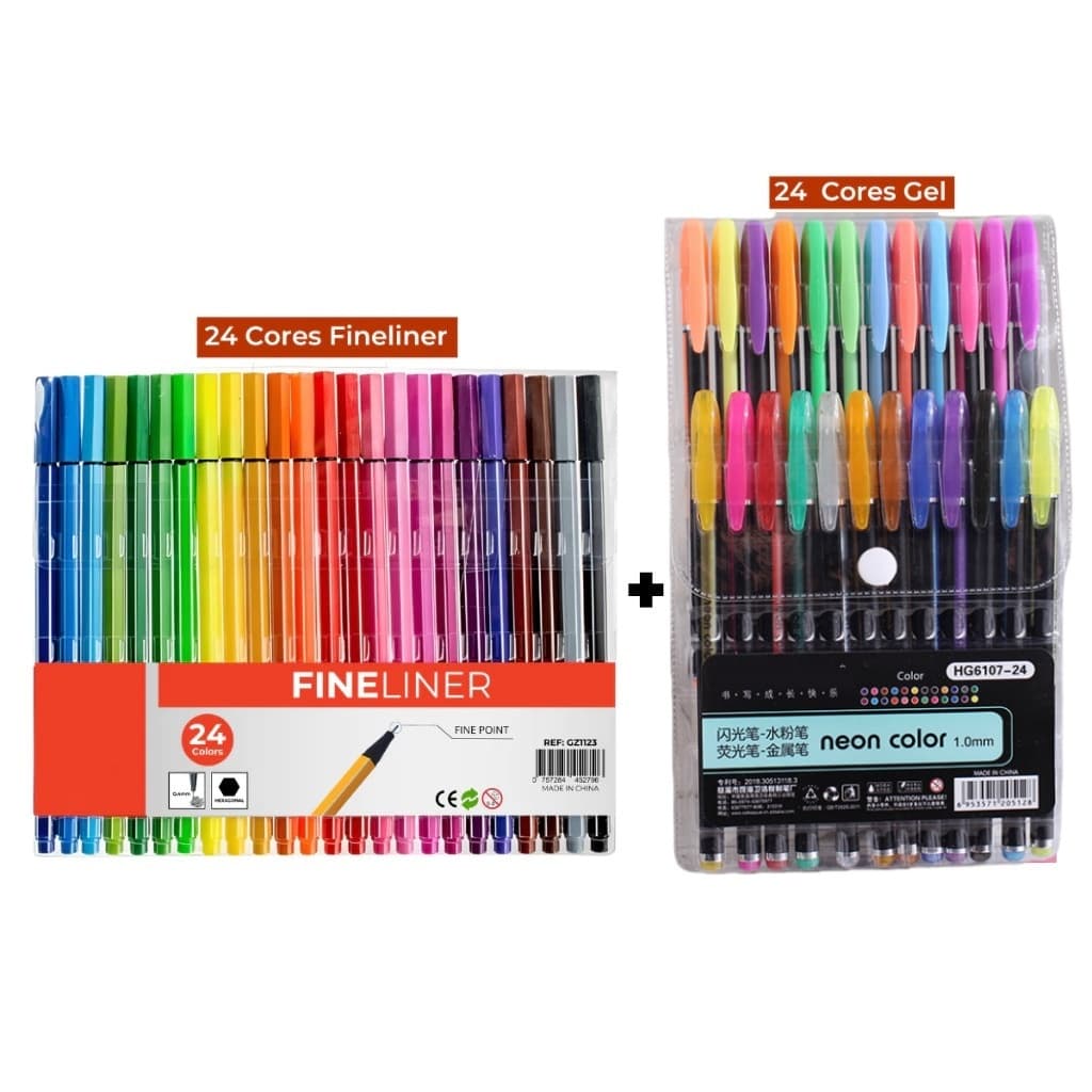 Kit Canetas Coloridas Ponta Fina 24 Cores + 24 Cores Dual Brush + 24 Cores Marcadora Acrílica