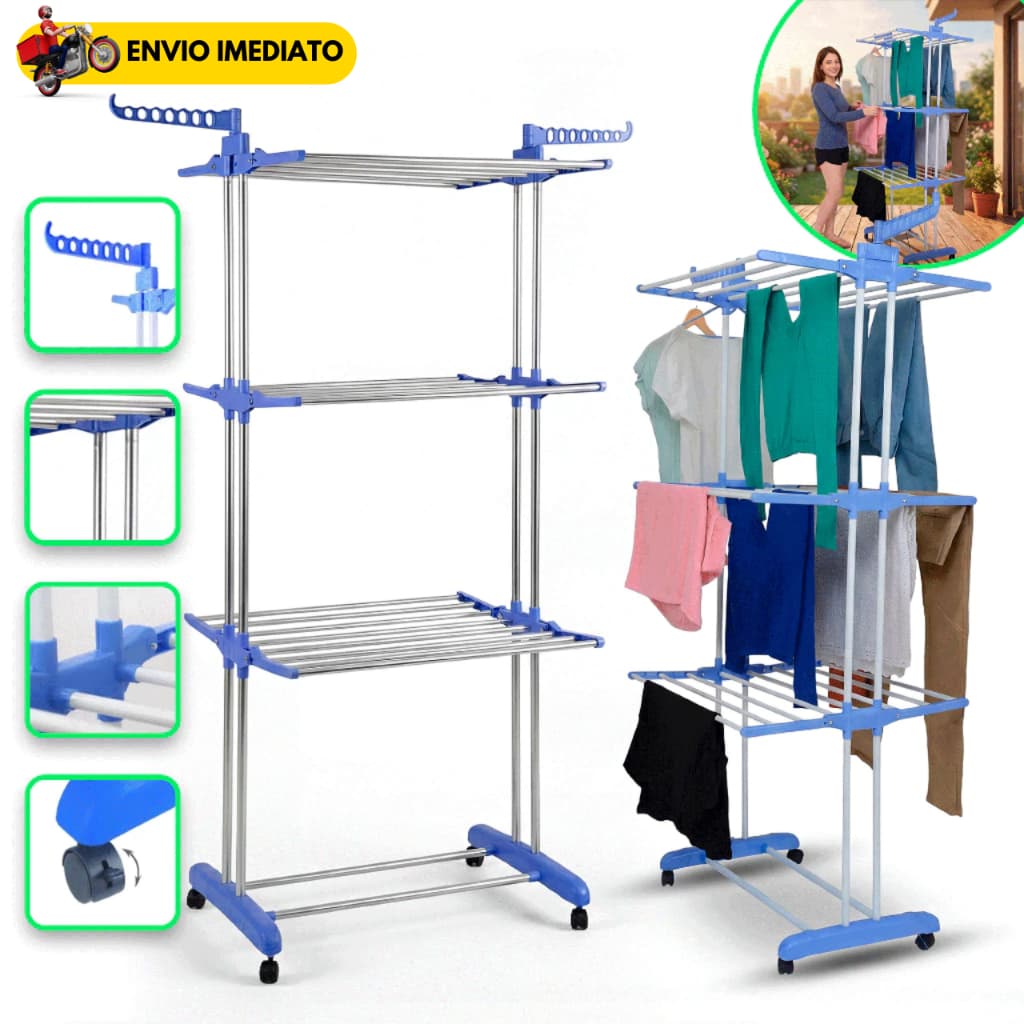Varal De Chão Roupa Calcinha Prateleiras Torre 3 Andares Dobrável Portátil Compacto Com Rodinhas Multifuncional