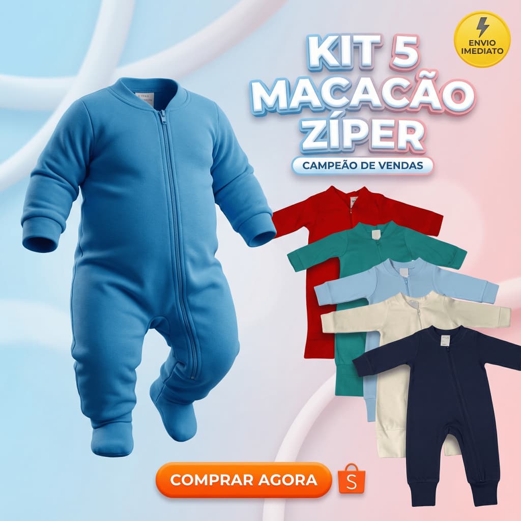 Kit 5 Macacão Menino Liso Bebê Algodão Zíper Vira Pé Inverno Infantil Macio Macacões