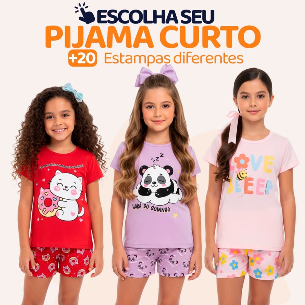 Pijama Infantil de Menina Manga Curta com Estampas Fofas e Conforto Roupa Infantil Feminino Verão Pijaminha Calor . L05