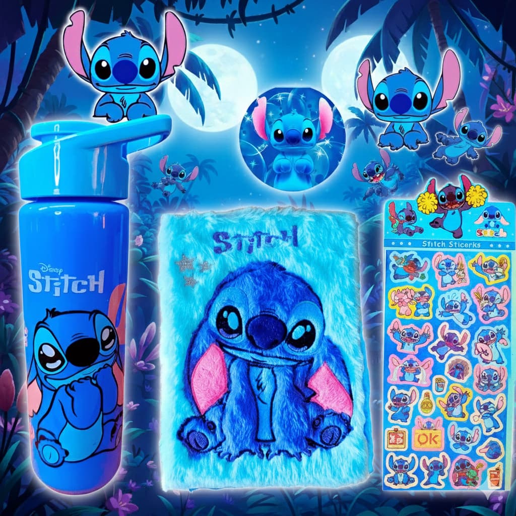Kit Garrafa Stich Caderno De Pelúcia Stitch Garrafa Infantil