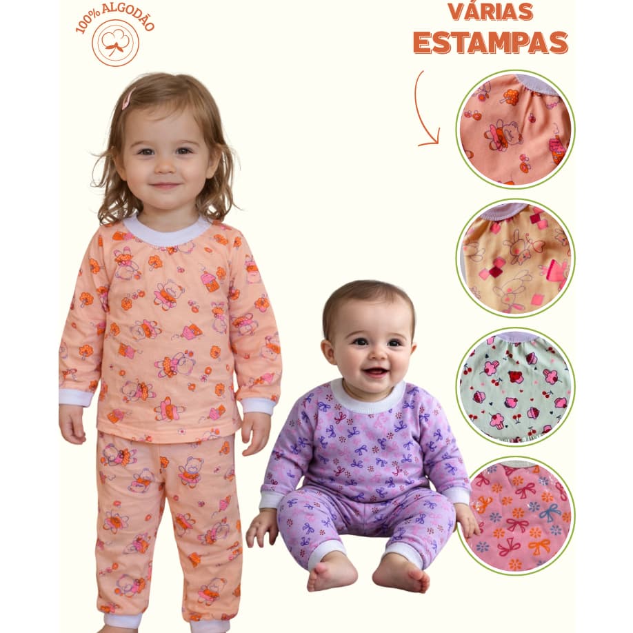 Pijama Infantil Menina 100% algodão Manga longa | Conjunto Calça e camisa manga longa Estampado