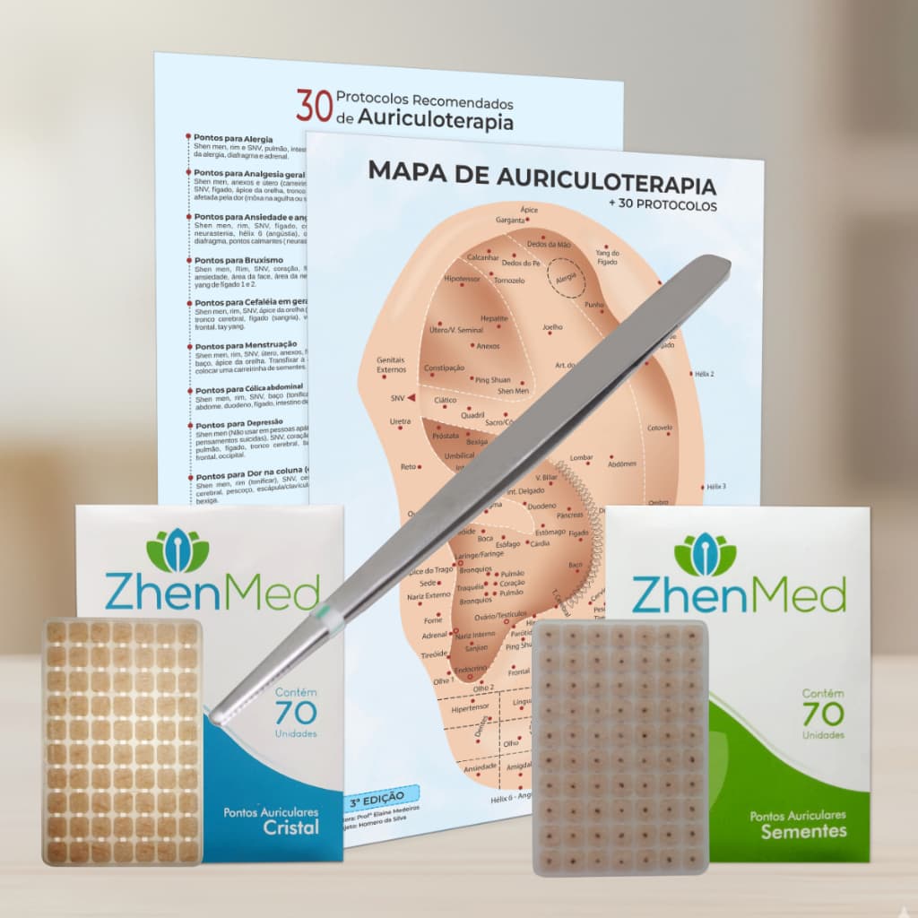 Kit Auriculoterapia Completo Mapa Protocolos Semente Cristal Auricular Pinça Inox