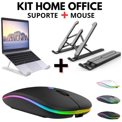 Kit Mouse Sem Fio Recarregável + Suporte Notebook Tablet Regulável Ergonômico
