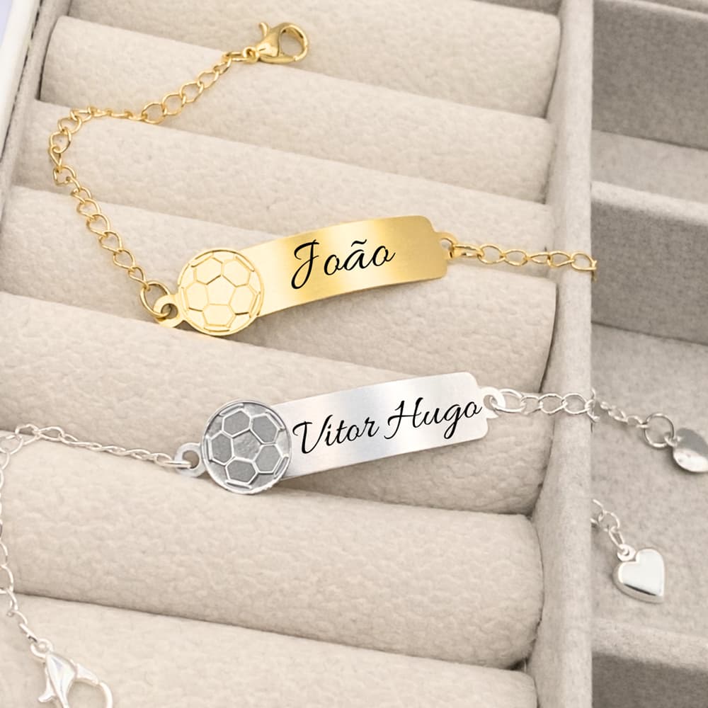 Pulseira Infantil Bebê RN Bola Futebol Personalizada Banhada A Ouro 18K Prata Gravação Grátis Nome