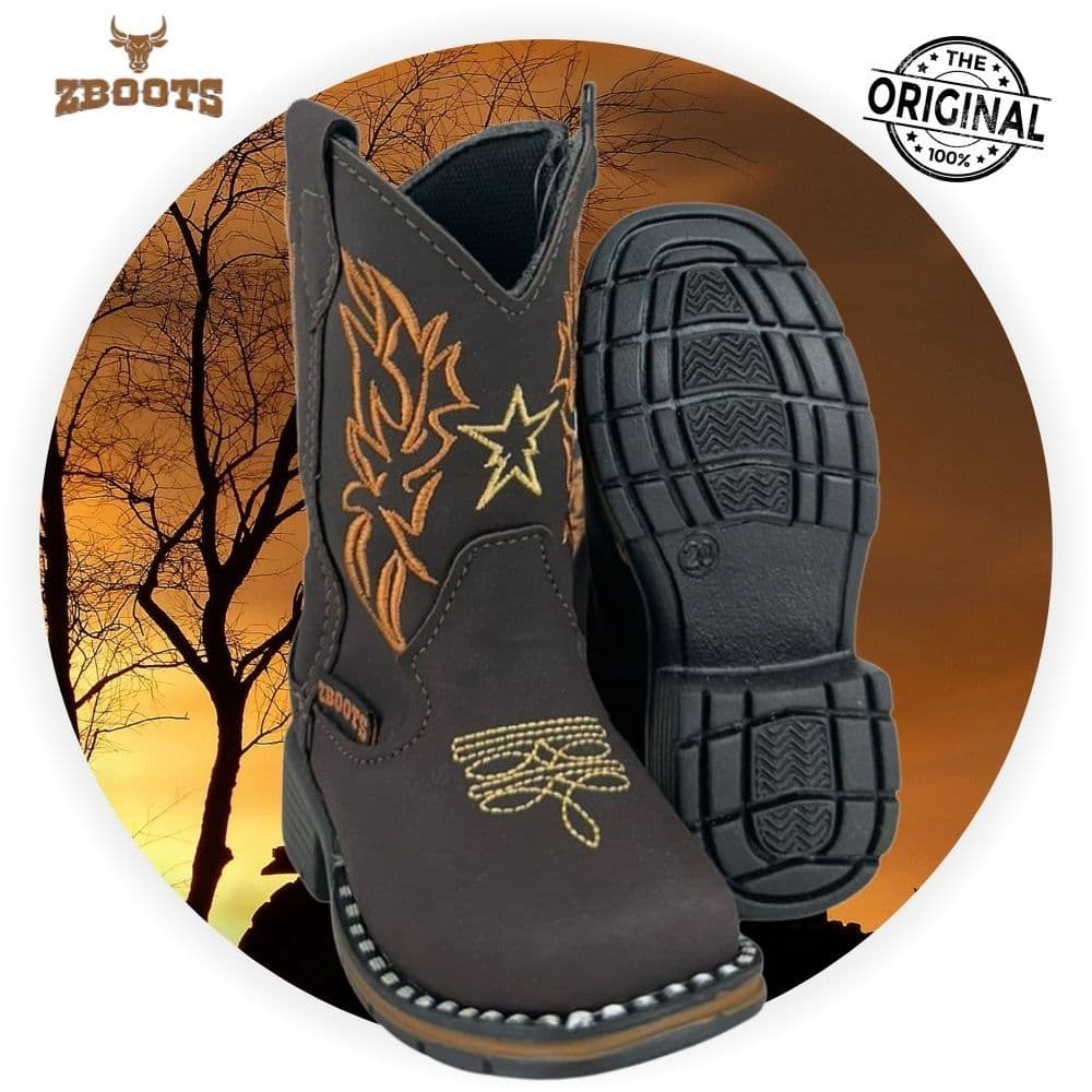 Botinha Country De Couro Bordada Marrom Escuro Com Zíper Bico Quadrado infantil Texana