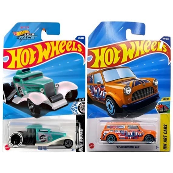 Kit com 02 Carrinhos Hot Weels: 67 Austin Mini Van JBB00 e Mid Mill HYX79
