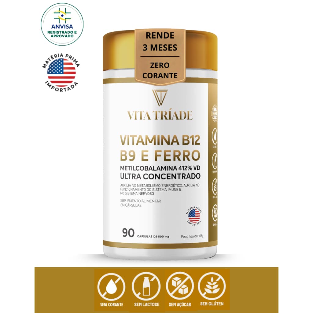 Vitamina b12 Metilcobalamina 412% Acido Fólico 150% Ferro 100% - 90 cápsulas 1 por dia