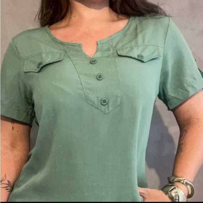 Blusa Camisa Feminina Casual Social com Botão Manga Curta em Viscolinho