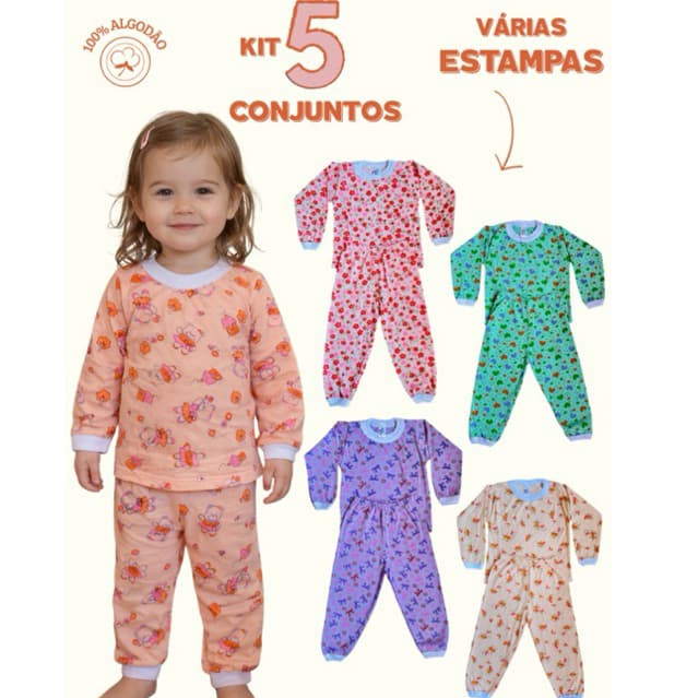 Kit 5 conjuntos de pijamas menina calça e camisa manga longa tecido 100% algodão estampas sortidas