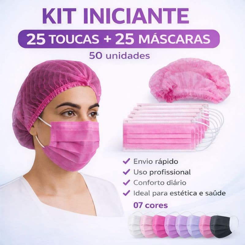 Kit Iniciante 25 Máscaras + 25 Toucas Descartáveis p/ Proteção Facial Salão Clínica & Cozinha