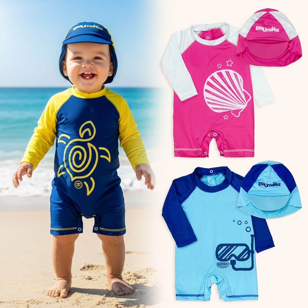 Kit Bebê Proteção UV50+ com Macacão Curto e Chapéu de Sol – Verão